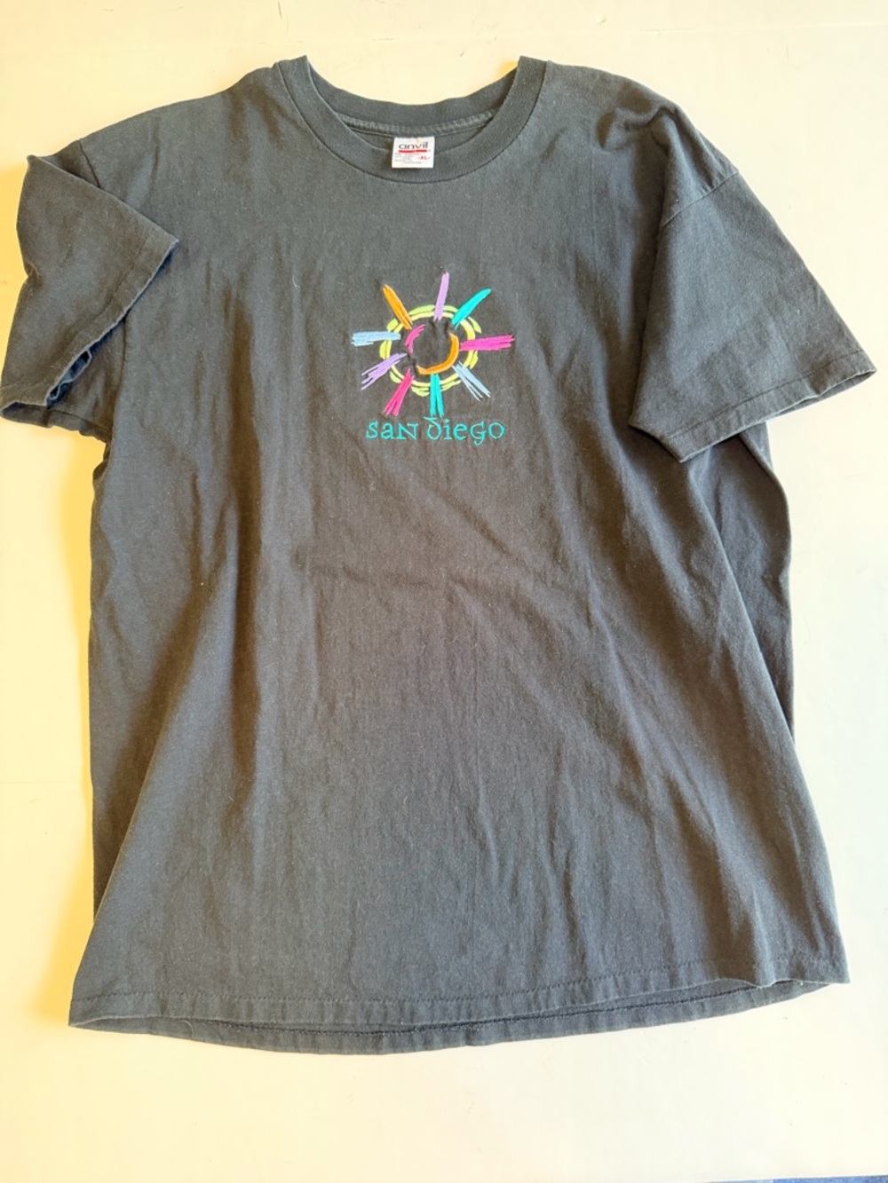 Vintage Anvil San Diego Embroidered T-Shirt Mens XL Black Sun Graphic Made USA